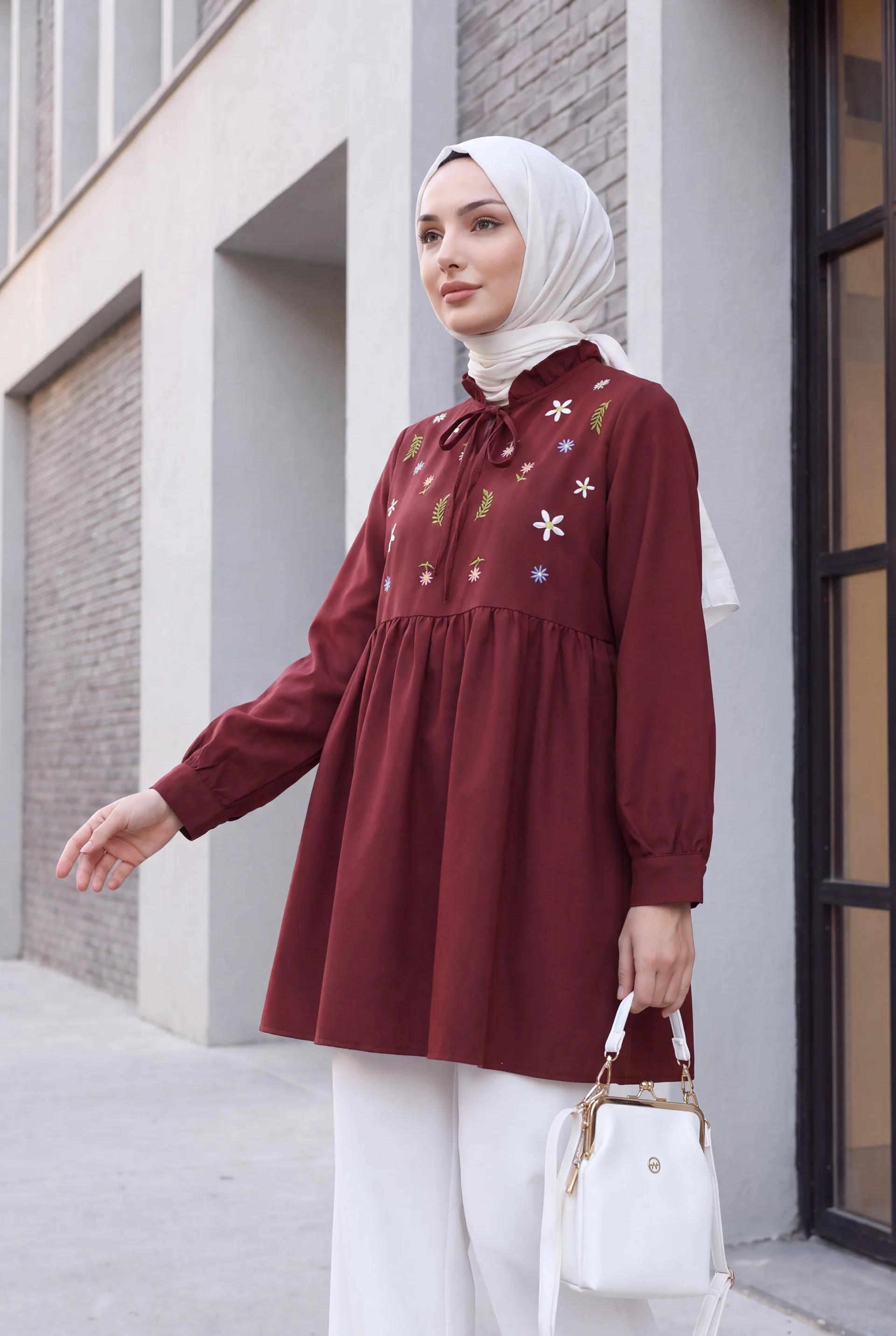 V-Neck Tie-Front Ruffled Floral Embroidered Poplin Tunic - Burgundy - Podyumplus - by Peralane