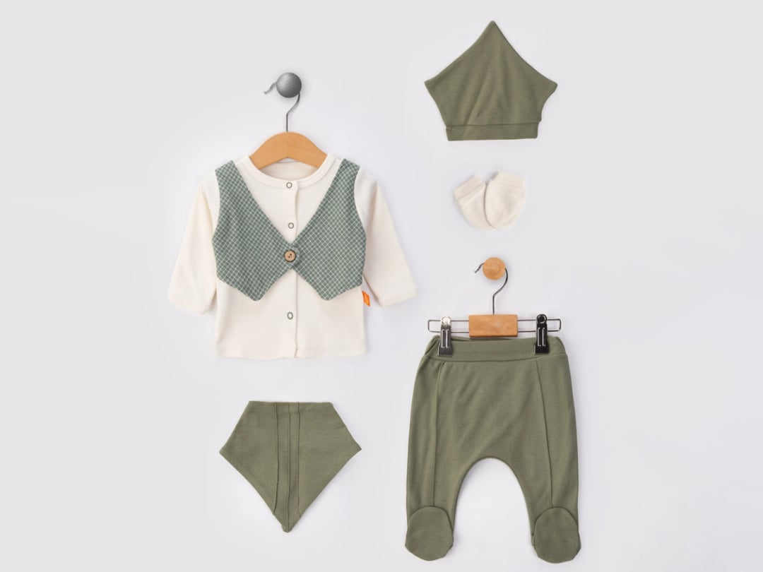 Newborn Boys' Olive Green Waistcoat Set with Trousers, Bib, Hat and Socks - Beyaz Bebek - by Peralane