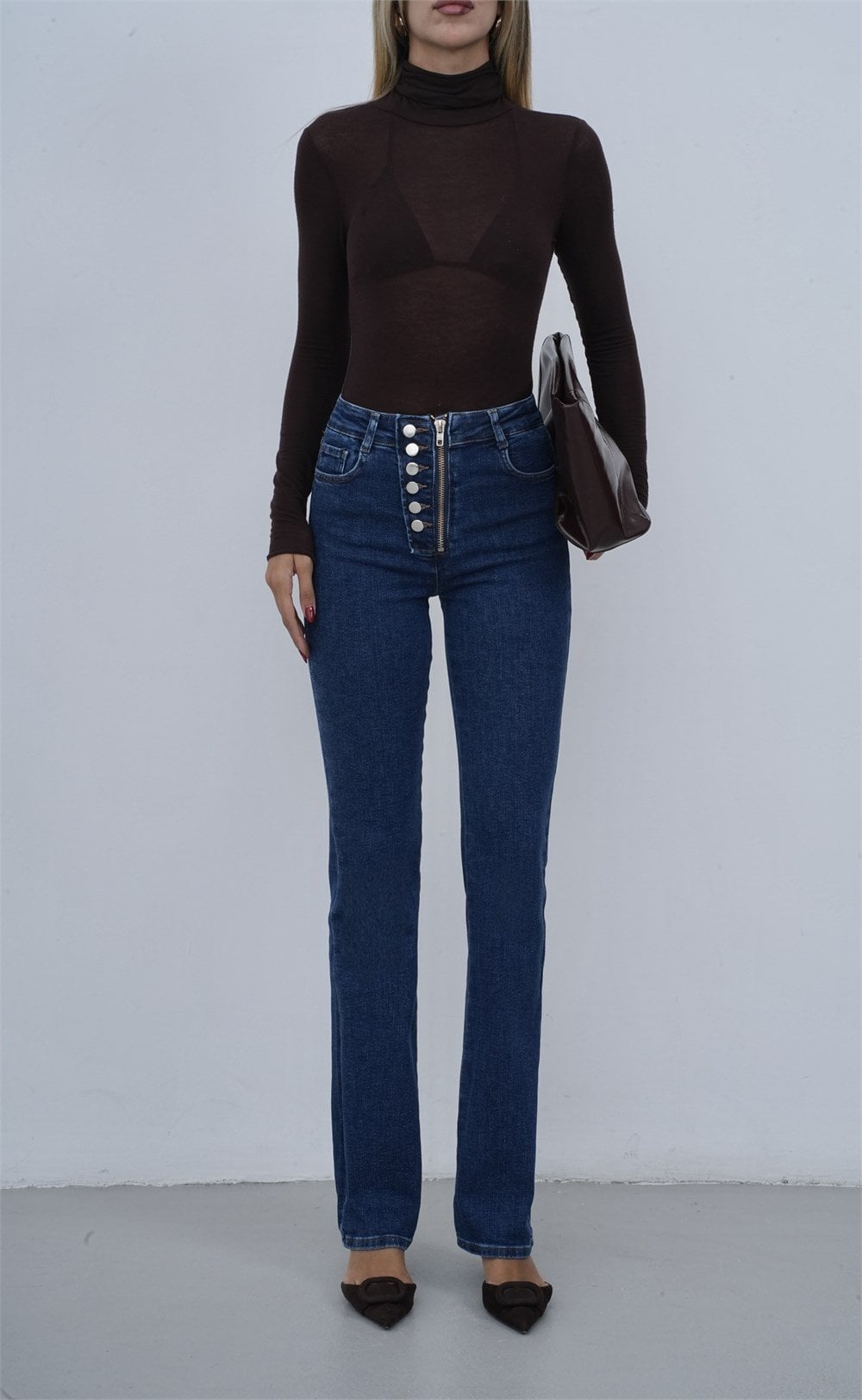 High Waist Button Detail Zip Fly Straight Leg Dark Blue Denim Jeans - Lacarino Jeans - by Peralane