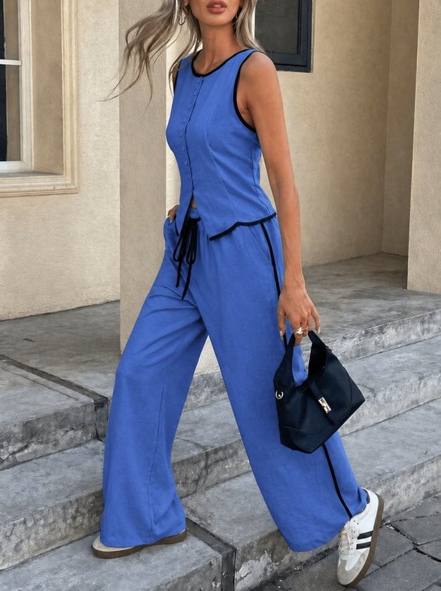Women's Sleeveless Button-Up Vest and Wide-Leg Trousers Two-Piece Set - Janes - by Peralane - photo 2