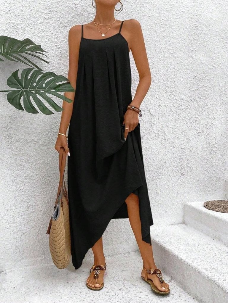 Women's Black Spaghetti Strap Asymmetric V-Neck Flowy Dress - Janes - by Peralane - photo 5