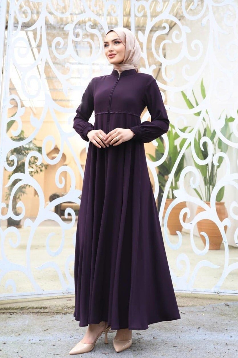 Dark Purple Scalloped Waistline Long Sleeve Modest Abaya Dress - Podyumplus - by Peralane - photo 2