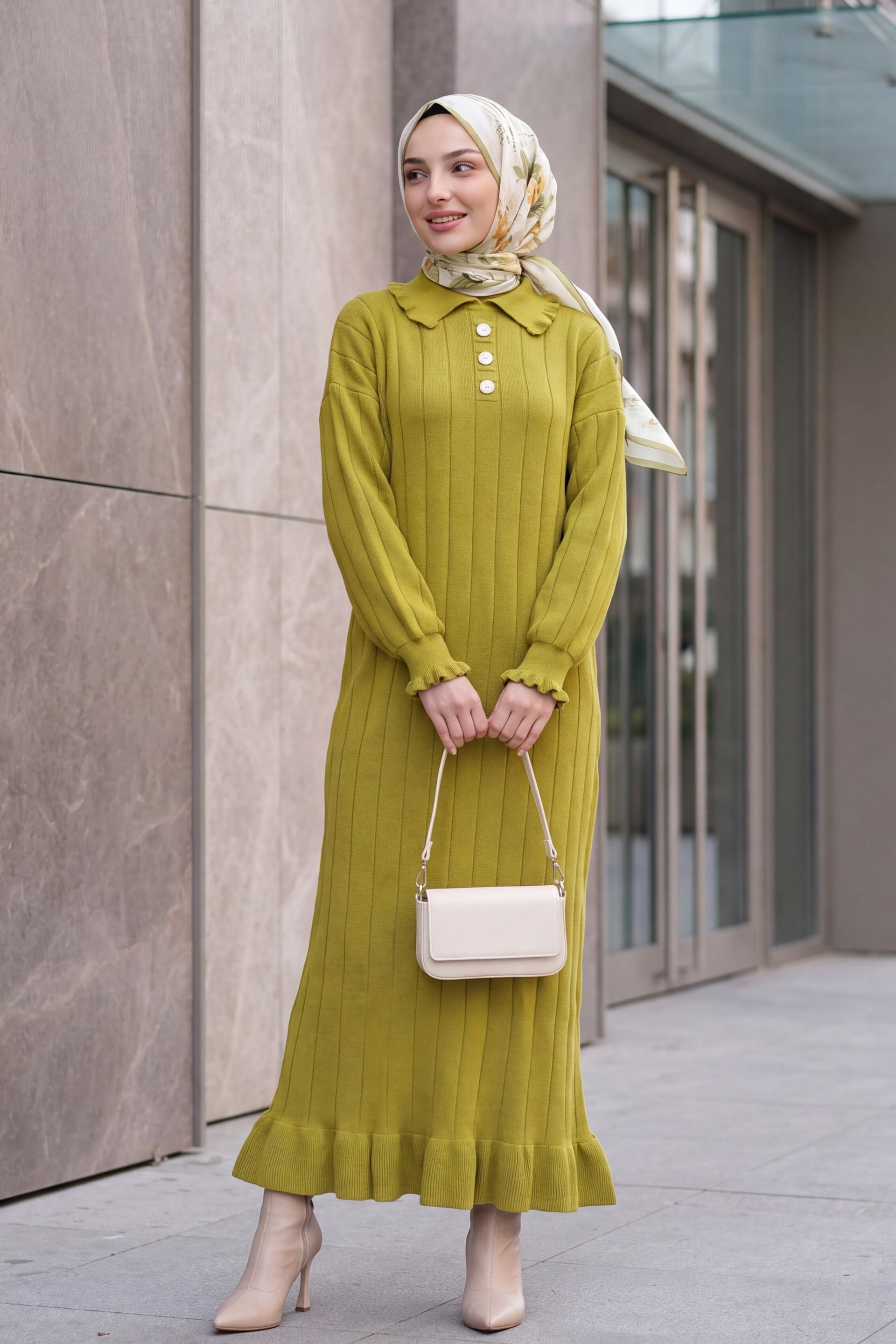 Ruffled Collar and Hem Button Detail Ribbed Knit Dress - Olive Green - Podyumplus - by Peralane - photo 4