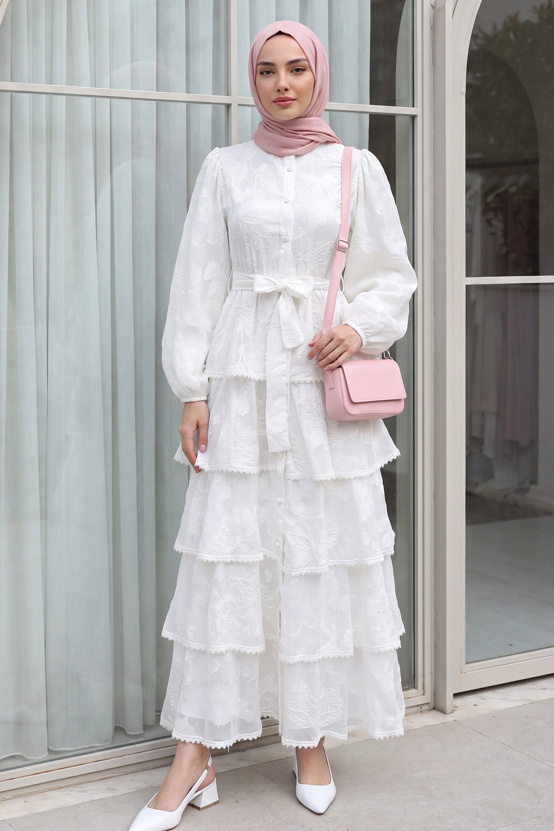 White Floral Embroidered Tiered Chiffon Dress with Belt and Full-Length Buttons - Podyumplus - by Peralane