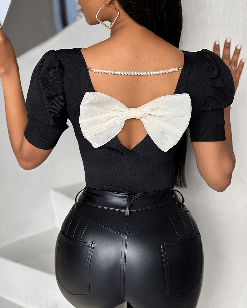 Women's Short-Sleeve Crepe Blouse with Back Pearl and Ribbon Detail, Puff Sleeves, Pack of 6 - Janes - by Peralane - photo 4
