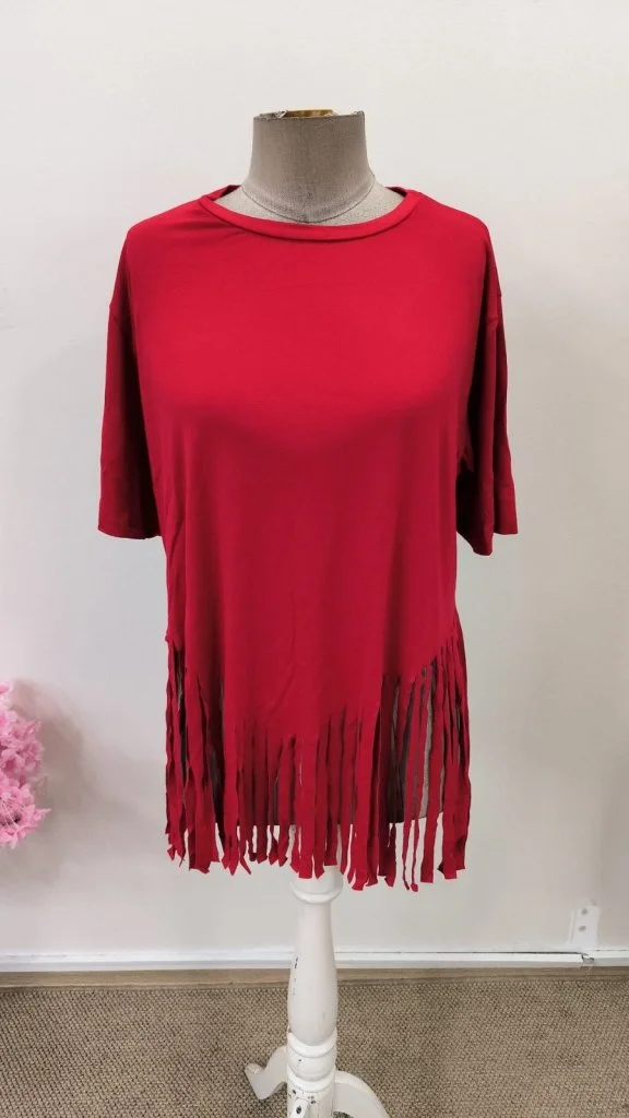 Women's Red Short-Sleeve Fringed Hem Viscose Blouse - Janes - by Peralane - photo 6