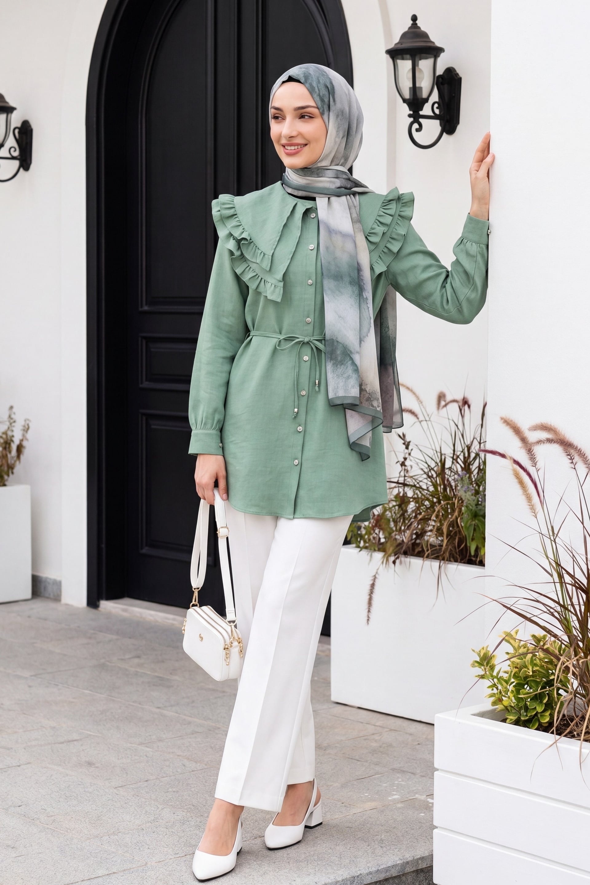 Front Pleat High Waist Wide Leg Trousers - White - Podyumplus - by Peralane - photo 5