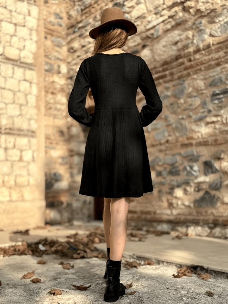 Women's Long Sleeve Square Neck Button Mini Dress in Black - Janes - by Peralane - photo 6