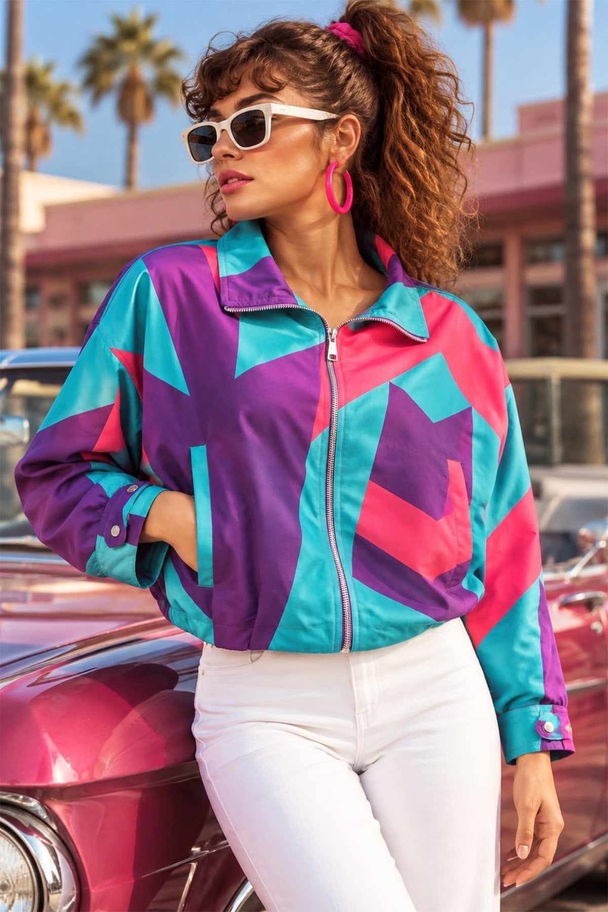 Women's Retro Patterned Zip-Up Jacket with Geometric Print - Bigdart - by Peralane