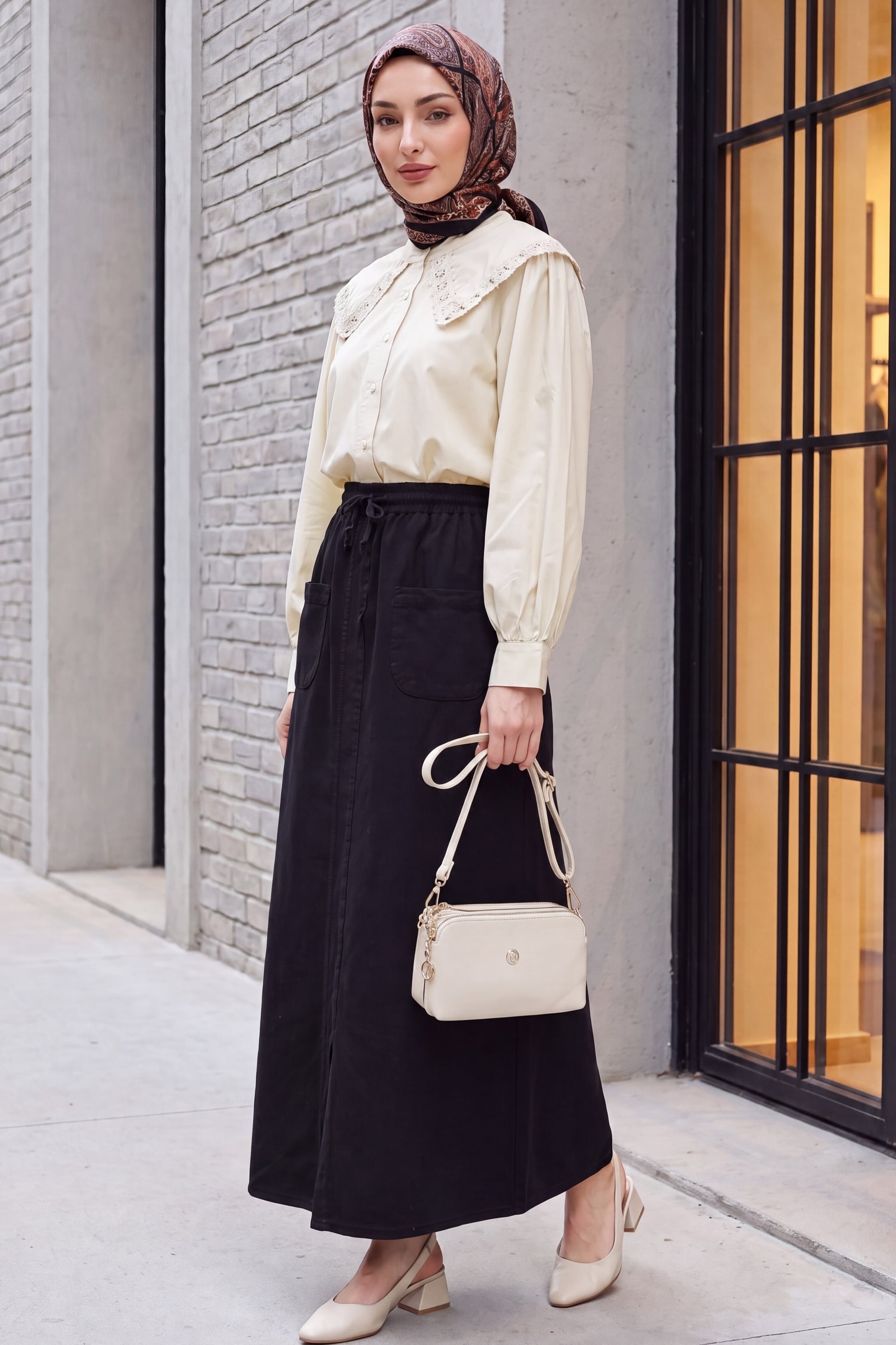 Black Drawstring Waist Slit Skirt with Linen Look - 100% Cotton - Podyumplus - by Peralane - photo 3