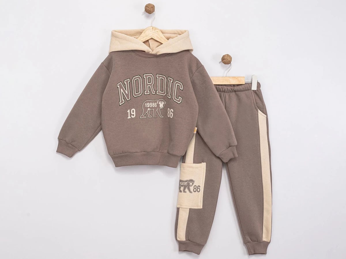 Boys' Nordic Print Hooded Set with Trousers - Light Brown - Feely Kids - by Peralane