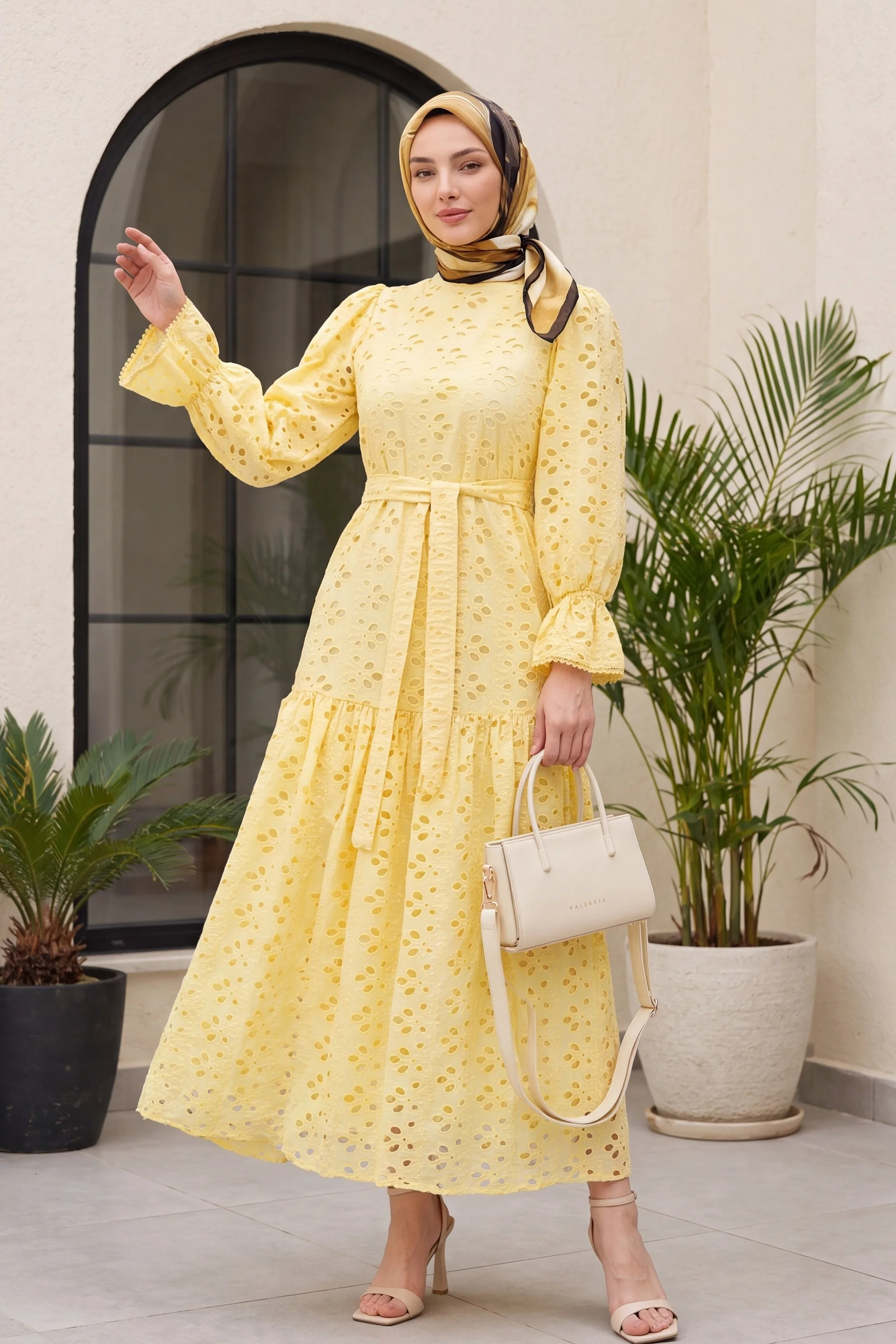 Yellow Broderie Anglaise Long Dress with Puff Sleeves - Podyumplus - by Peralane