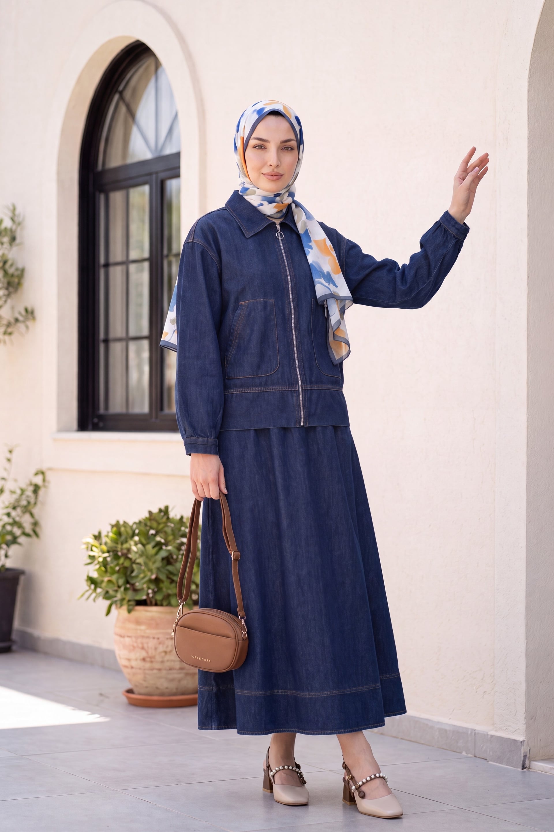 Zip-Front Double-Pocket Denim Jacket and Skirt Set - Dark Navy - Podyumplus - by Peralane - photo 2