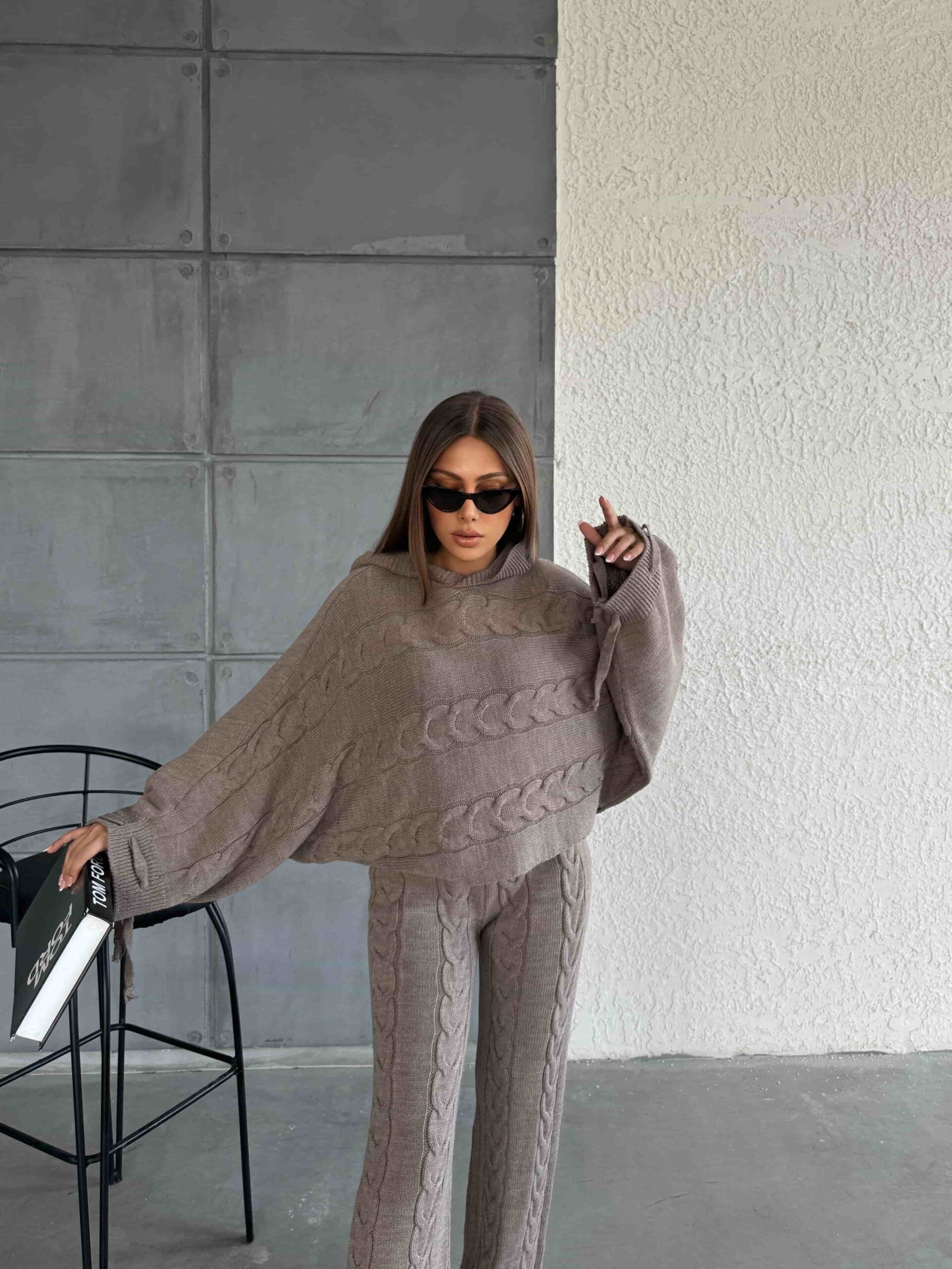 Women's Hooded Knit Loungewear Set with Cable Pattern - Taupe - My Bee - by Peralane - photo 2
