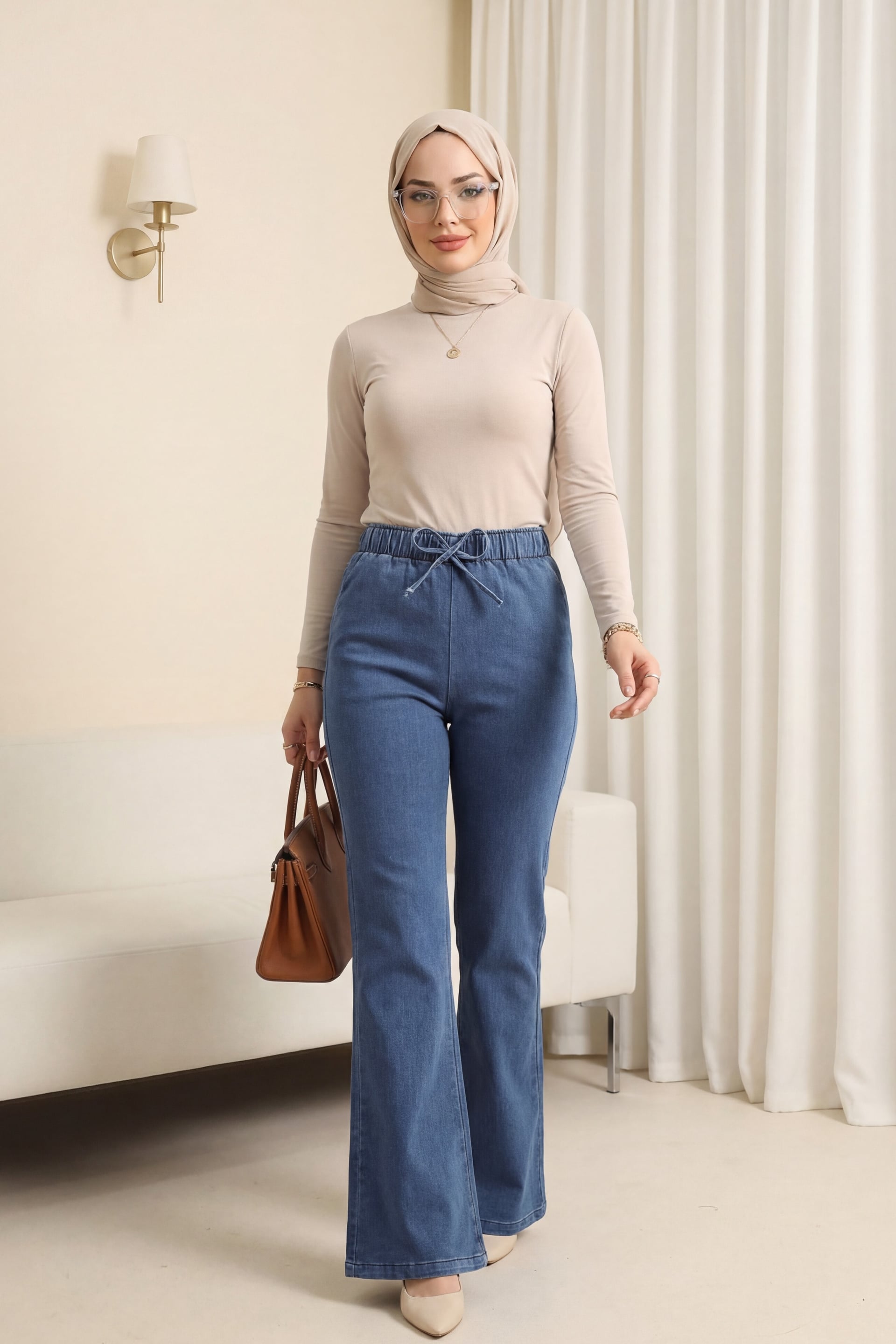 Ice Blue Tie-Detail Wide-Leg Denim Trousers - Podyumplus - by Peralane - photo 6