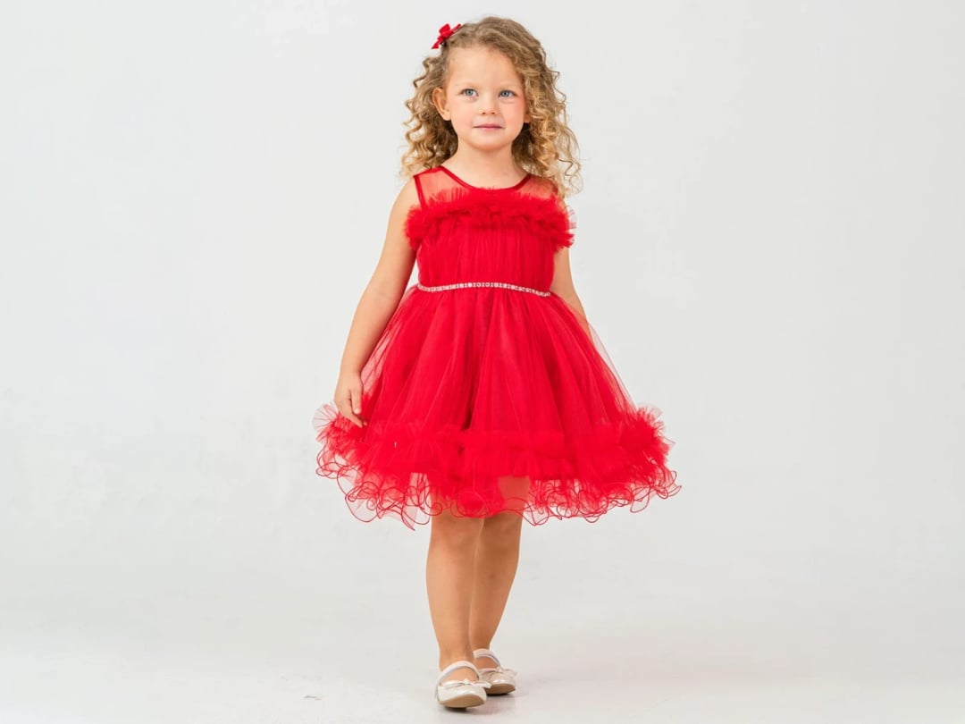 Red Tulle Party Dress with Ruffle Details for Girls - Mertoglu Kids - by Peralane