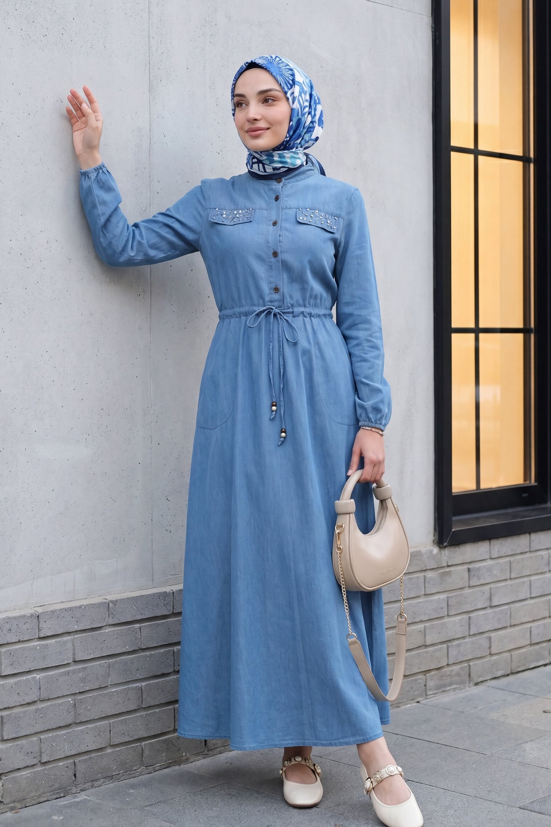 Pearl Detail Tunnel Lace-Up Long Denim Dress - Ice Blue - Podyumplus - by Peralane