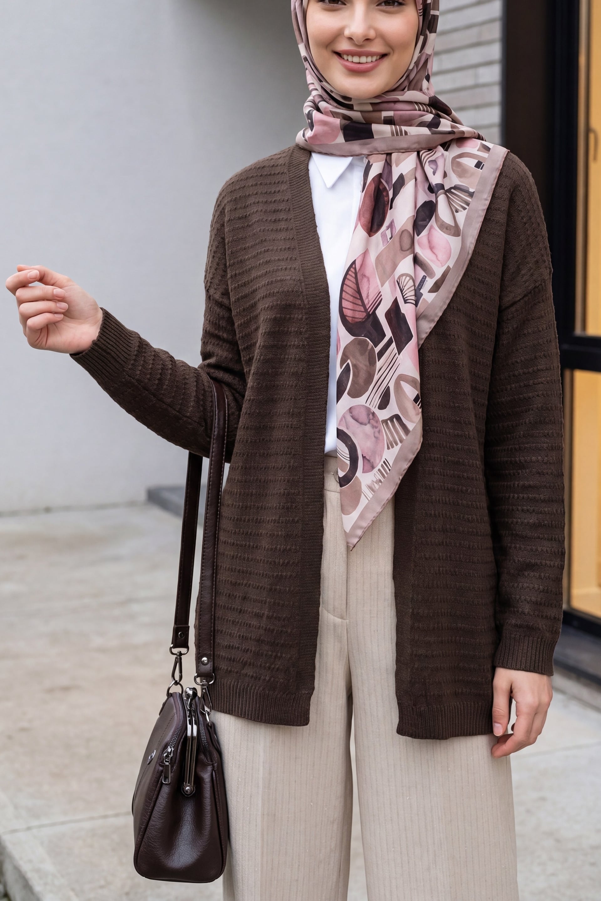 Pom Pom Detail Fine Knit Cardigan - Dark Brown - Podyumplus - by Peralane - photo 2