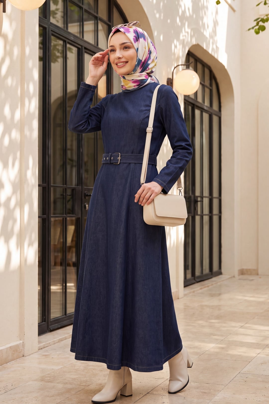 Flared Skirt Zip Belted Denim Dress - Dark Navy - Podyumplus - by Peralane - photo 2