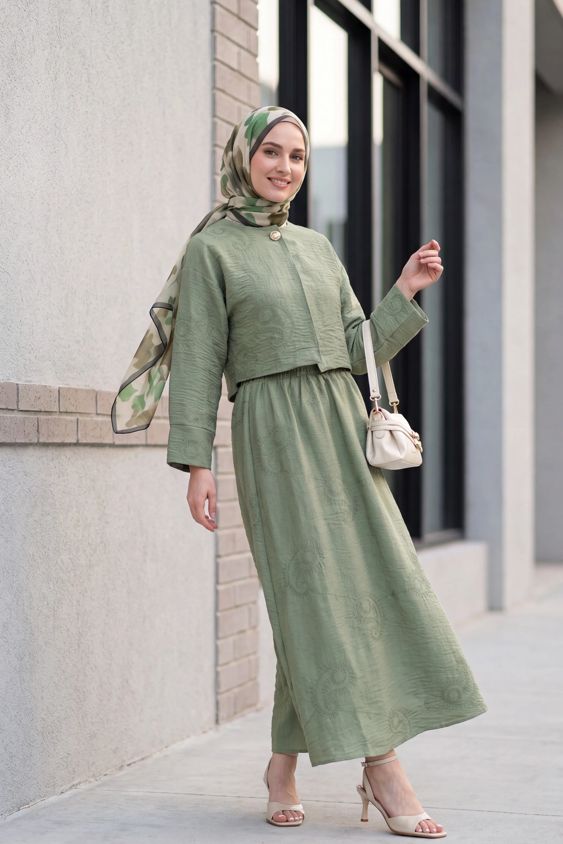 Single Button Embroidered Skirt Set with Linen Look - Khaki - Podyumplus - by Peralane - photo 4