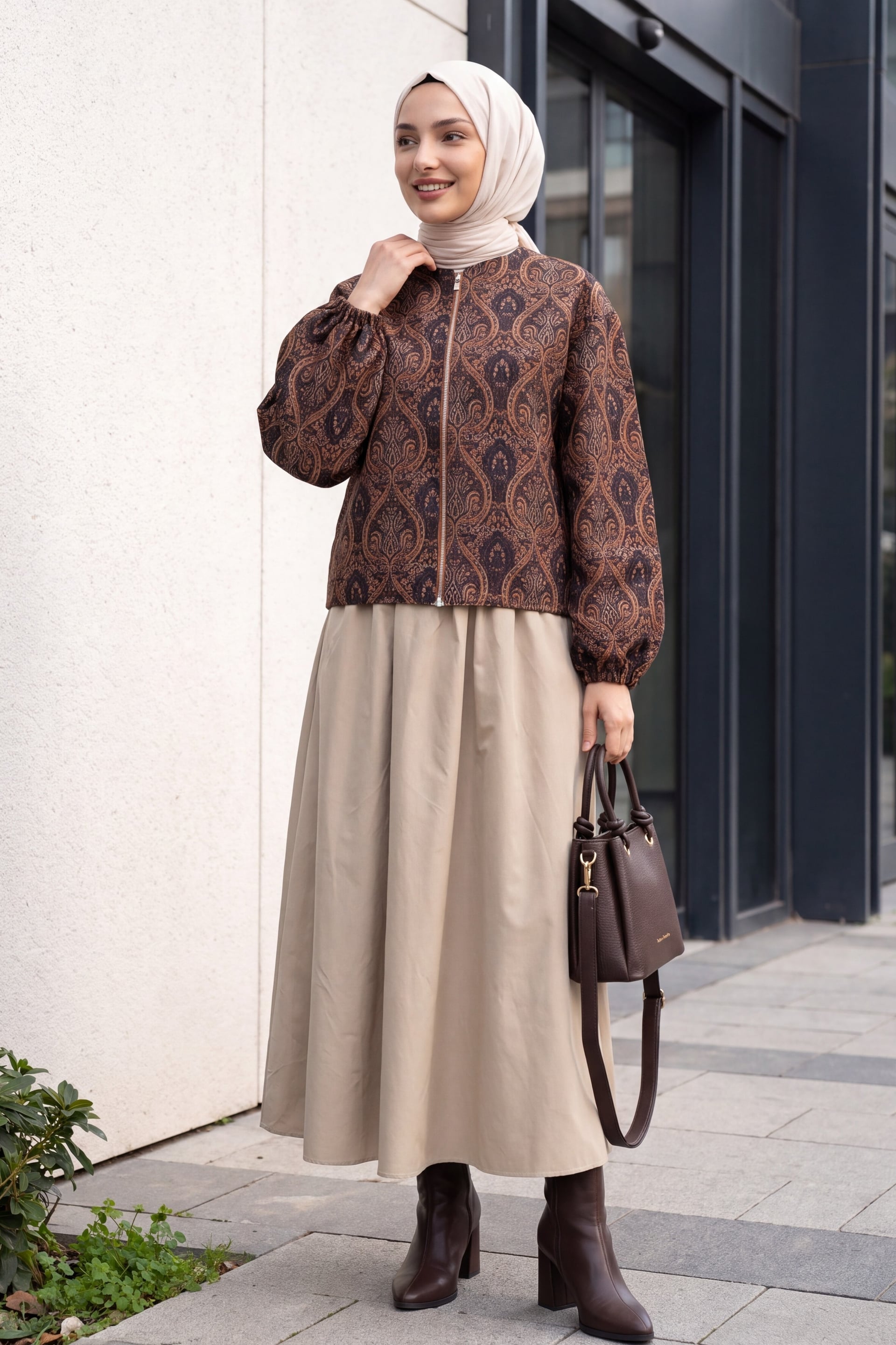 Jacquard Zip-Up Balloon Sleeve Jacket in Tan - Podyumplus - by Peralane - photo 5