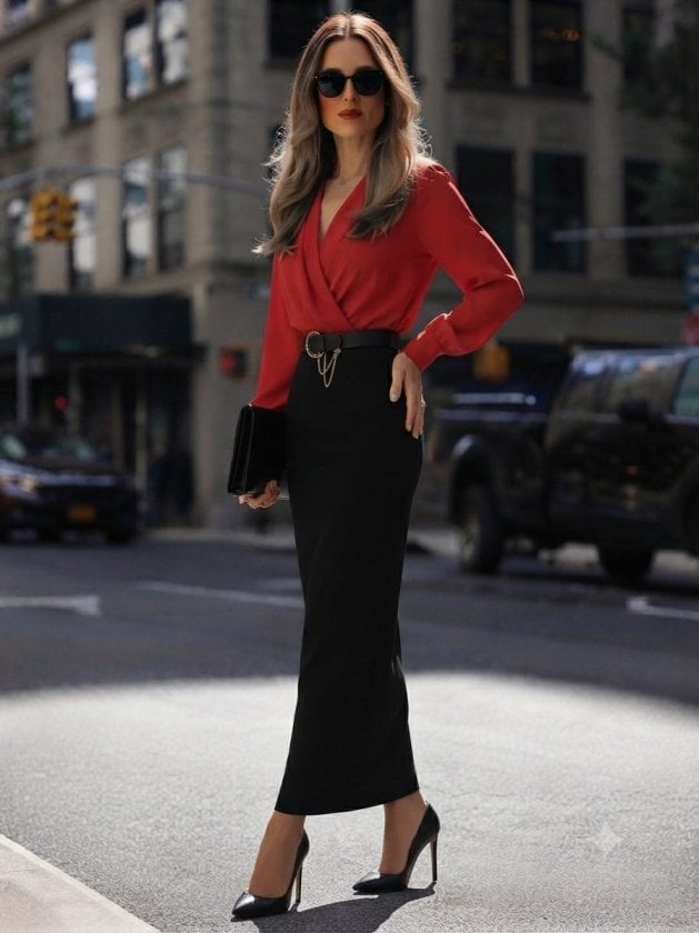 Women's Long Sleeve Wrap Collar Beltless Long Crepe Dress in Red - Janes - by Peralane - photo 3