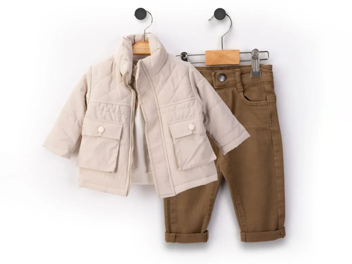 Quilted Jacket and Trousers Baby Set in Beige and Brown - Beyaz Bebek - by Peralane