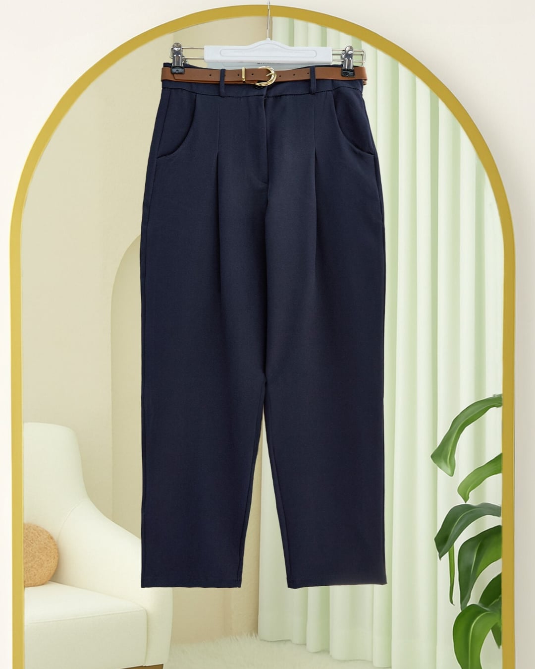 Pleated Pocket Belted Ankle Trousers - Navy - Podyumplus - by Peralane - photo 2