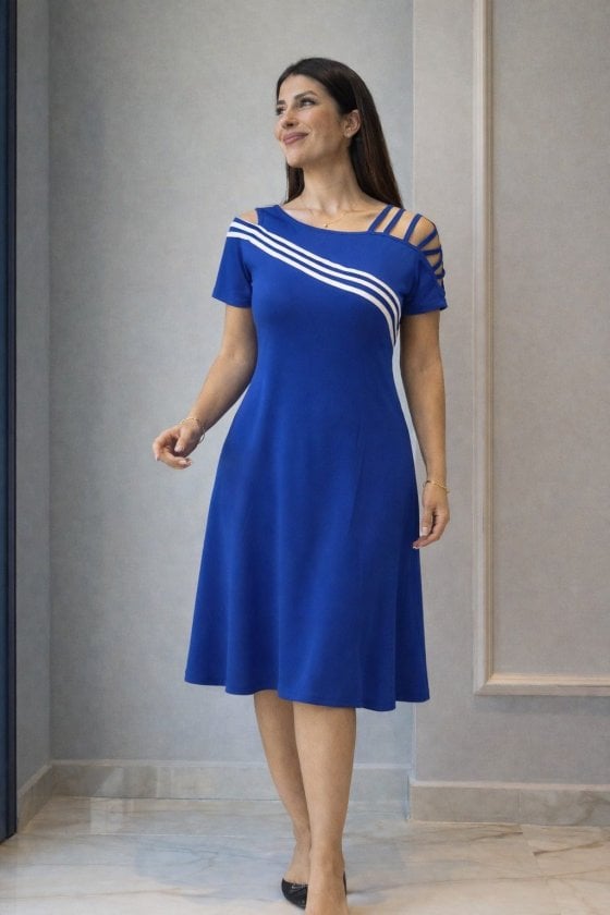 Women's Short Sleeve Midi Viscose Dress with Open Shoulder Stripe Detail - Janes - by Peralane