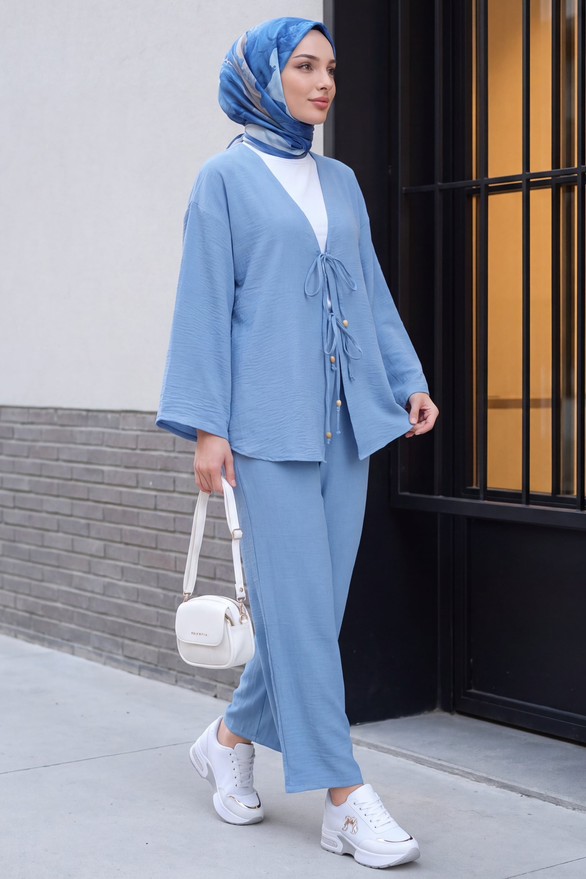 Women's Two-Piece Kimono Set with Tie-Front Top and Wide-Leg Trousers in Ice Blue - Podyumplus - by Peralane - photo 2