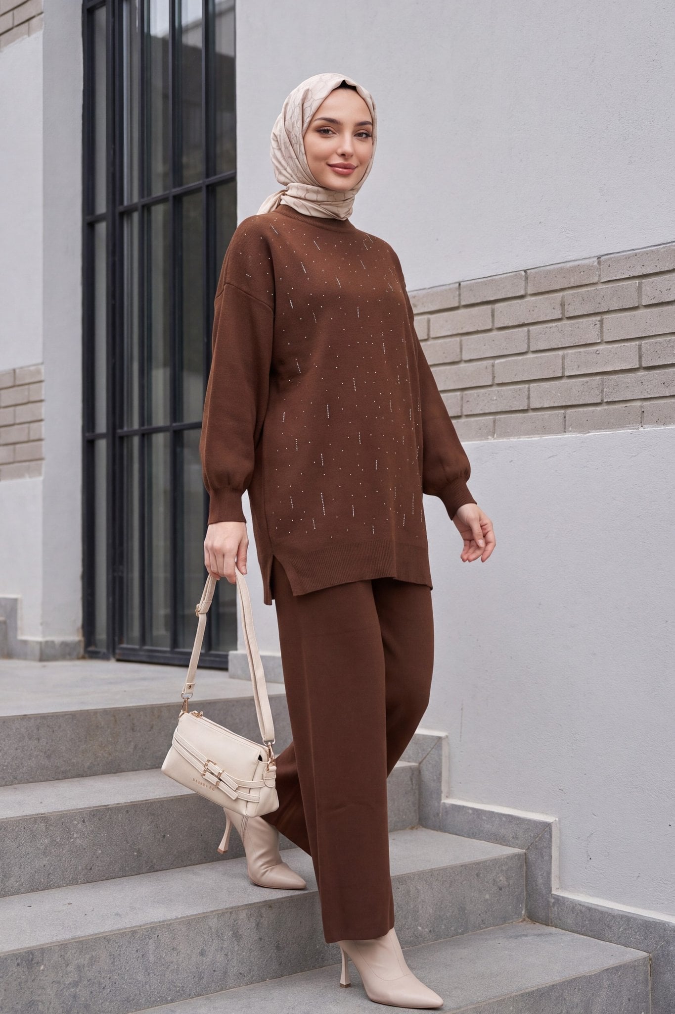 Stone Embellished Slit Knit Two-Piece Set - Brown - Podyumplus - by Peralane - photo 3