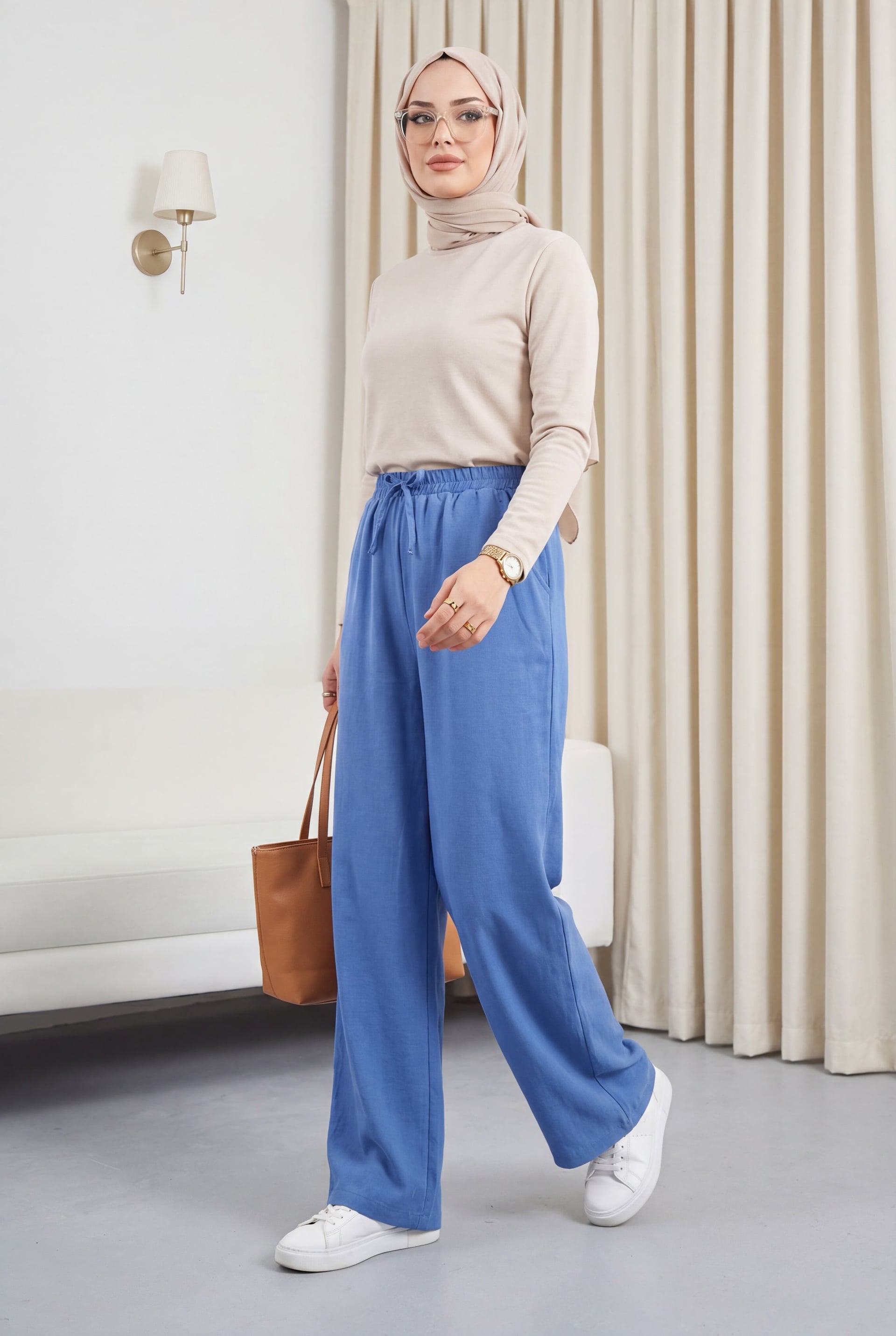 Elasticated Waist Drawstring Wide-Leg Trousers - Indigo - Podyumplus - by Peralane - photo 2