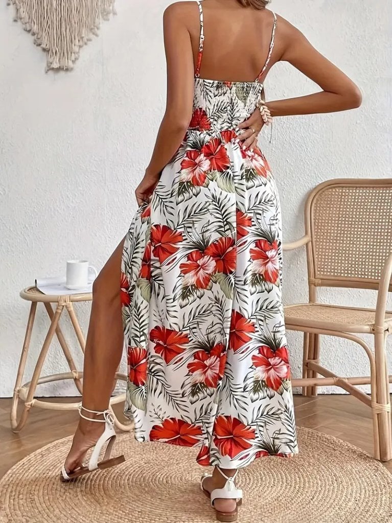 Women's Spaghetti Strap V-Neck Floral Maxi Dress with Crochet Waist and Side Slit - Janes - by Peralane - photo 2