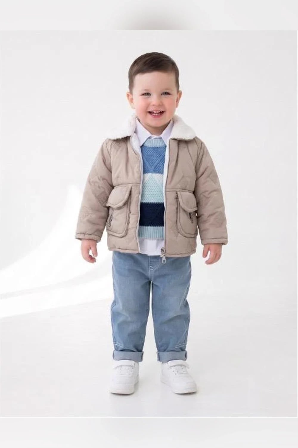 Boys' Quilted Jacket Set with Sherpa Collar - Beige - Has Bereket - by Peralane