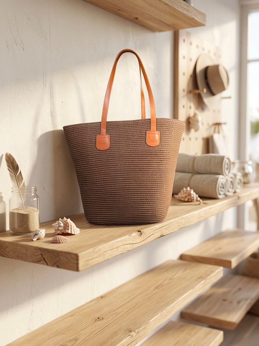 Brown Woven Straw Tote Bag with Faux Leather Handles - Nesvay - by Peralane