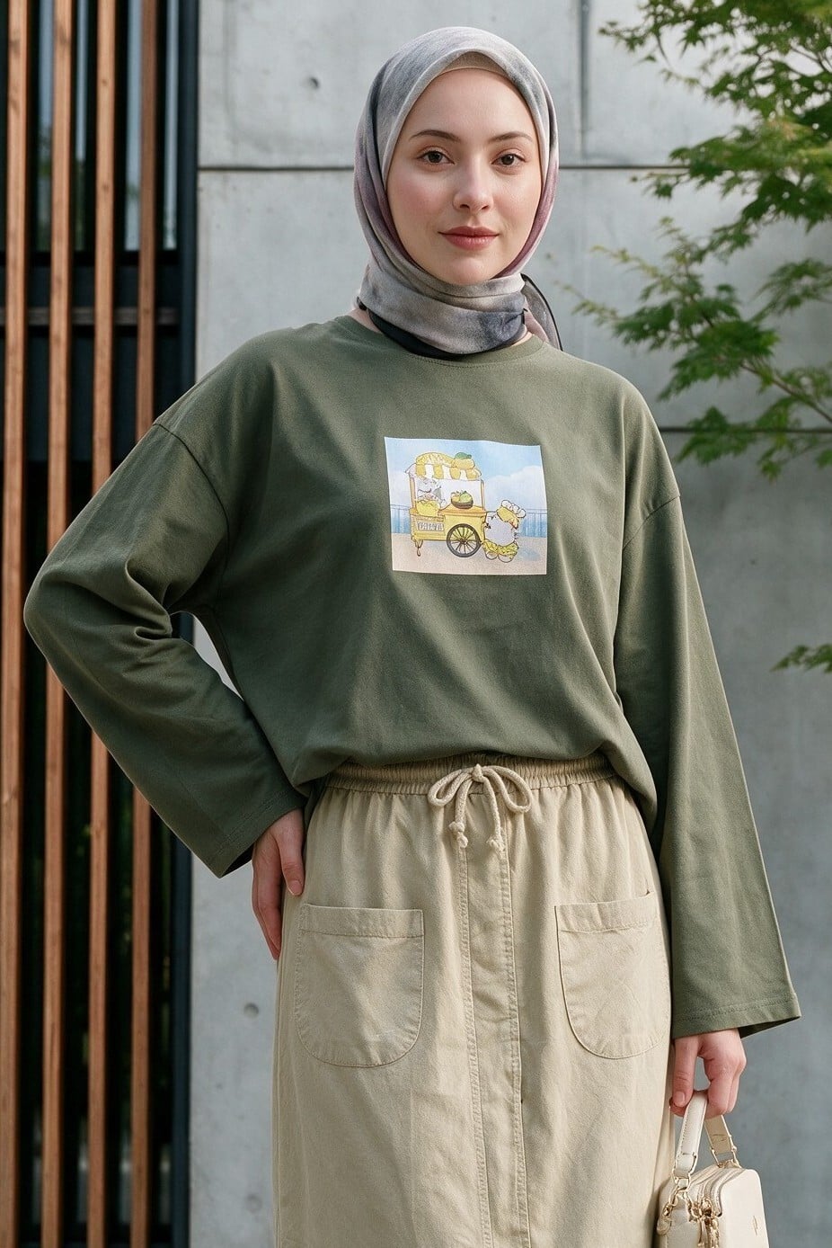 Olive Green Graphic Print Women's Cotton Sweatshirt - Relaxed Fit - Podyumplus - by Peralane