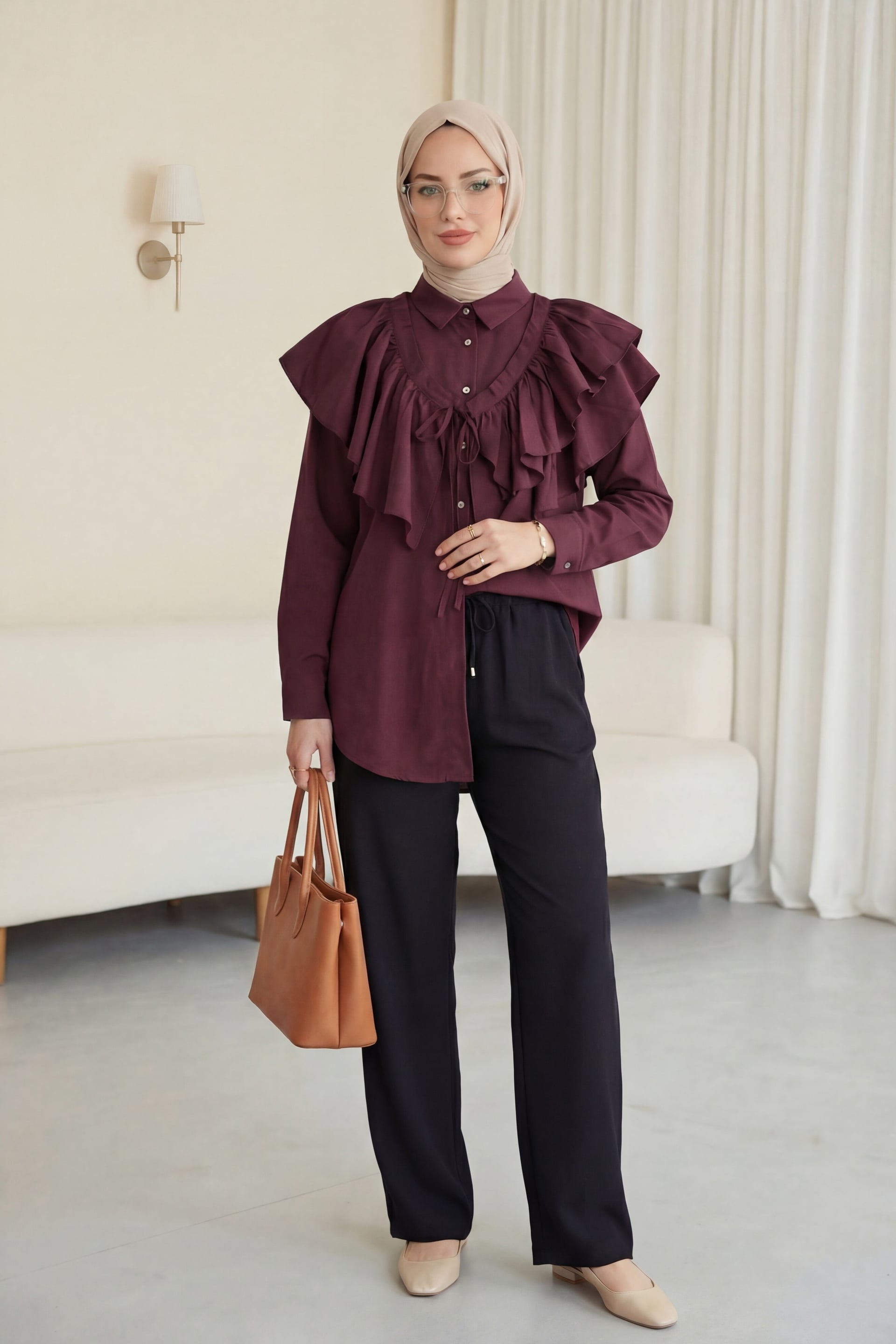 Cape Detail Buttoned Oval Cut Poplin Tunic - Burgundy - Podyumplus - by Peralane - photo 4