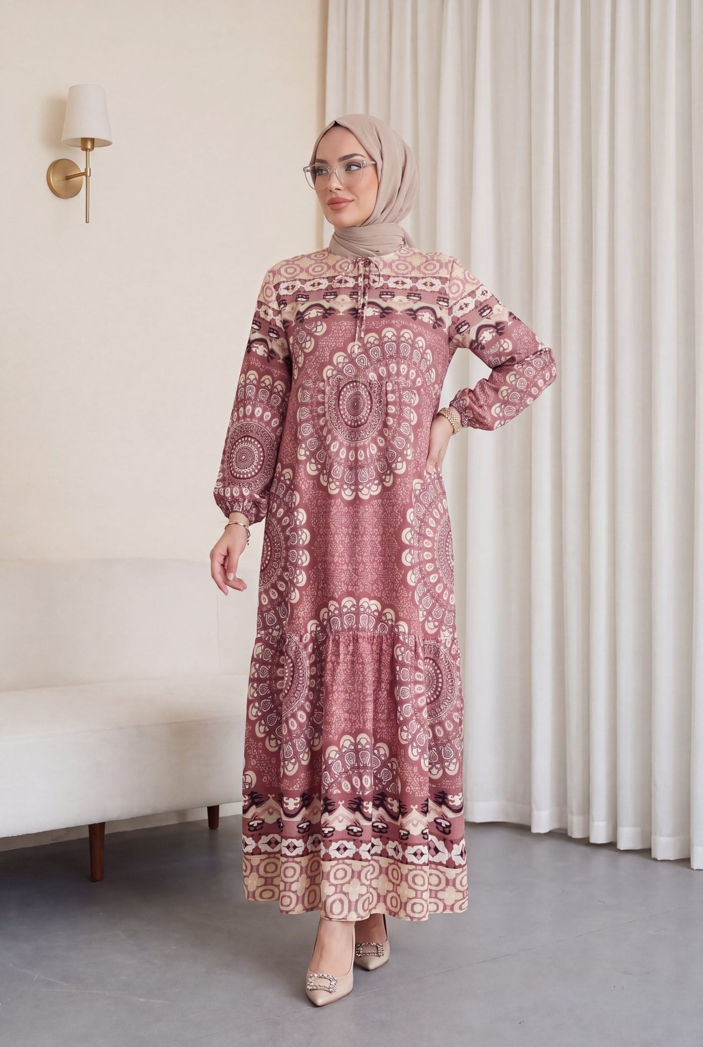 Dusty Rose Tie-Neck Maxi Dress with Mandala Print - Podyumplus - by Peralane - photo 4