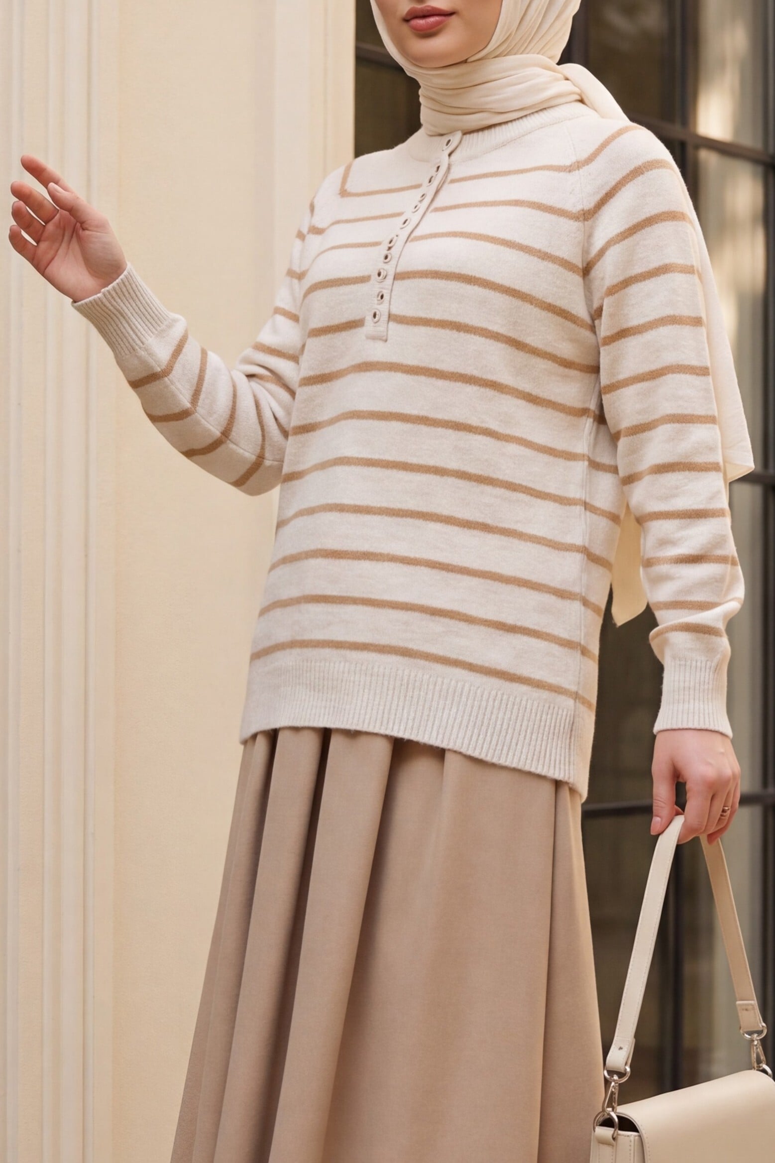 Cream and Brown Striped Buttoned Knit Sweater - Bigdart - by Peralane