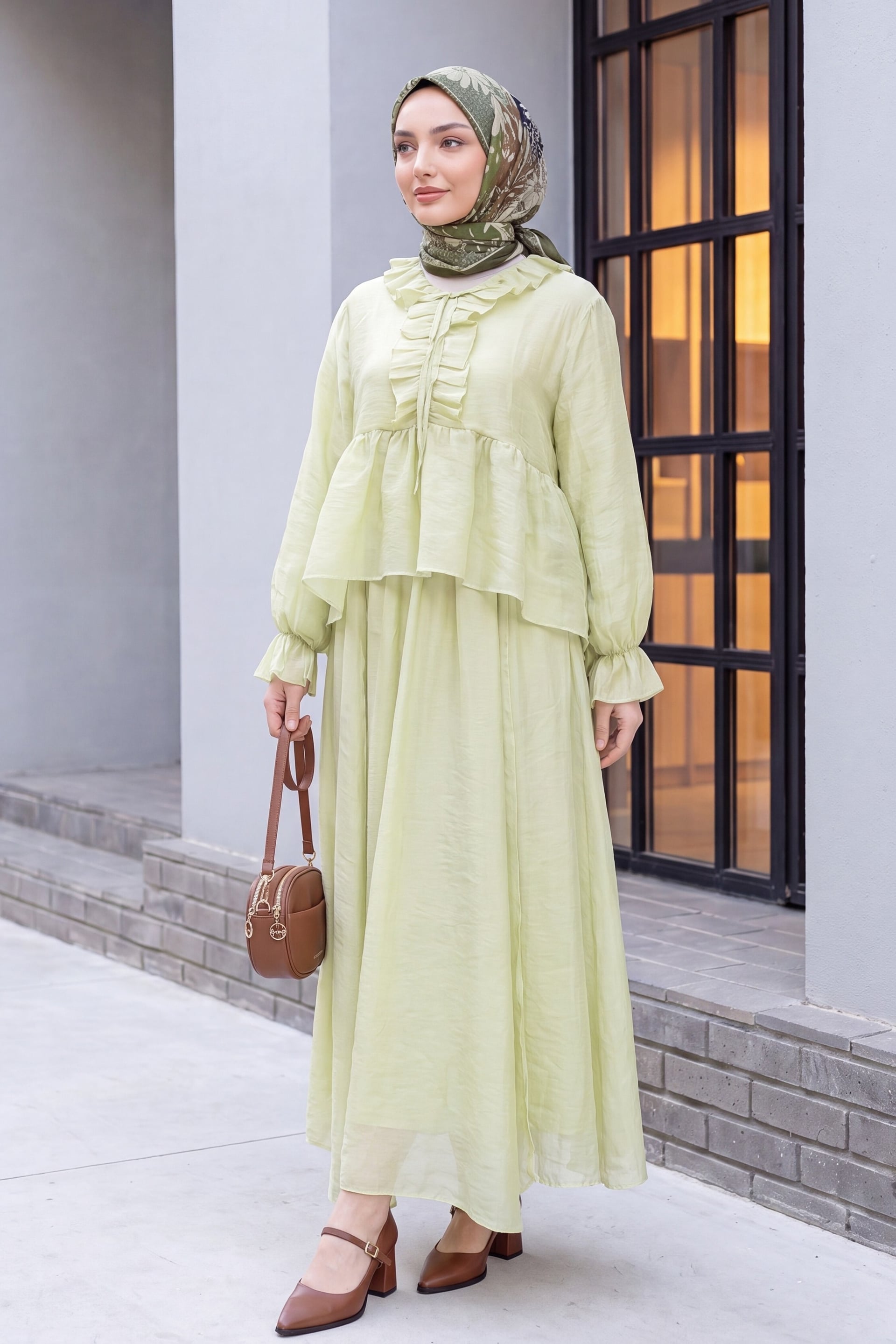 Tie-Neck Ruffled Sleeve Asymmetric Tulle Voile Co-ord Set in Pale Green - Podyumplus - by Peralane