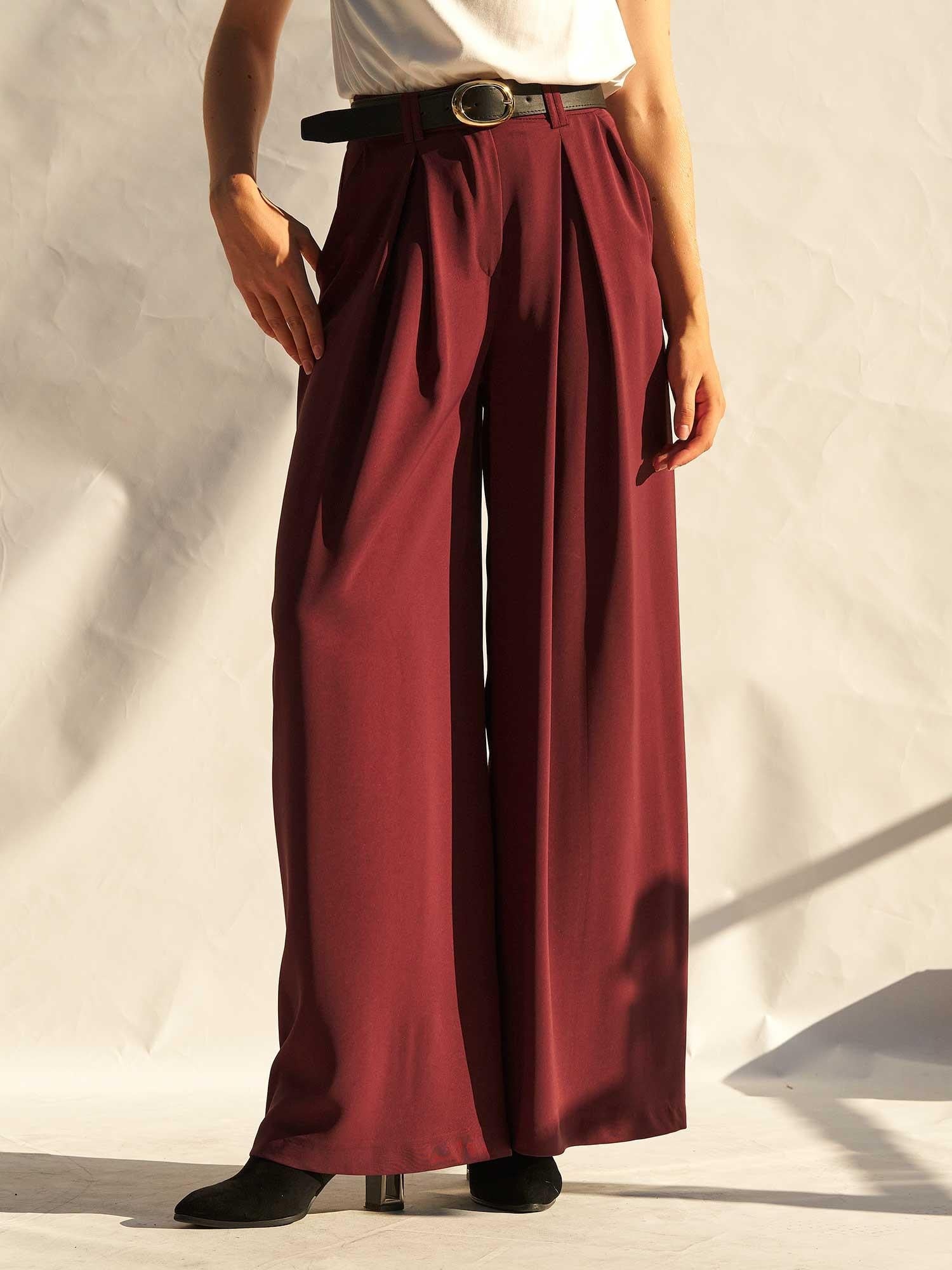 Burgundy High-Waist Pleated Palazzo Trousers with Belt - Lefon - by Peralane - photo 6