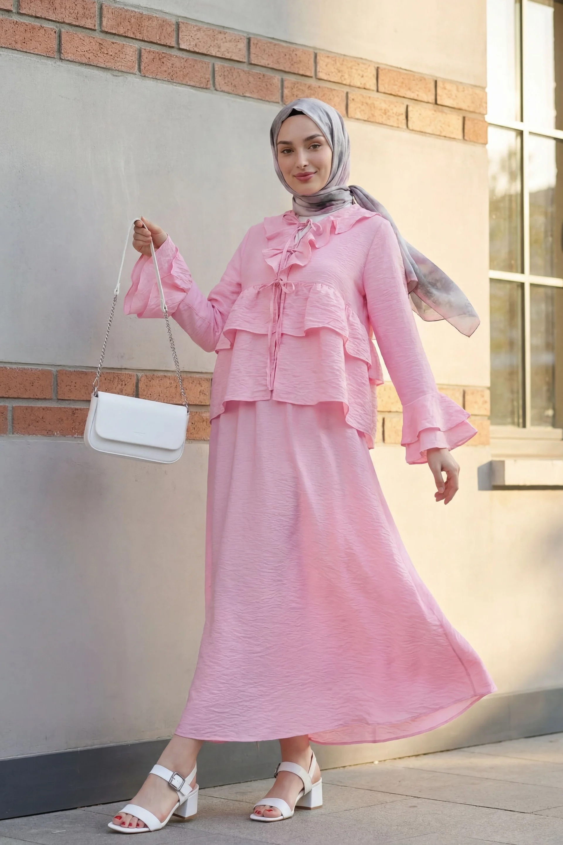 Pink Frilled Spanish Sleeve Wrap Front Long Skirt Cupro Kimono Set - Podyumplus - by Peralane - photo 4