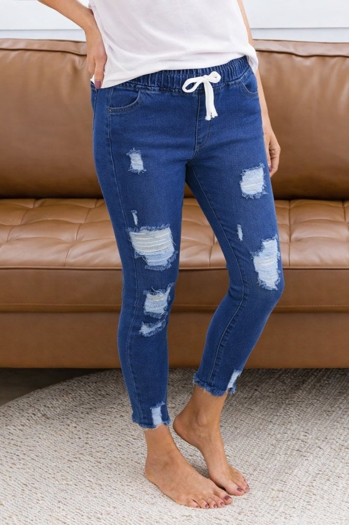 Women's High-Waist Drawstring Ripped Denim Jeans - Janes - by Peralane