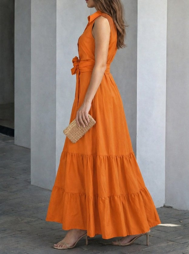 Women's Sleeveless Collared Button-Front Long Tricoton Dress with Belt - Janes - by Peralane - photo 2