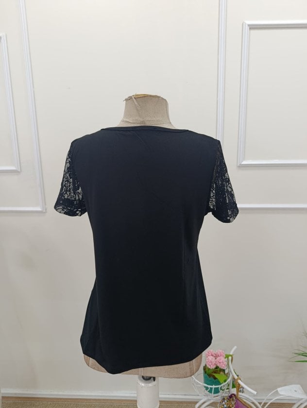 Women's Short-Sleeve V-Neck Lace Trim Viscose Blouse - Janes - by Peralane - photo 5