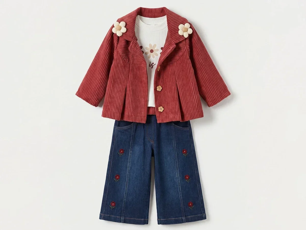 Girls' 3-Piece Set with Floral Jacket, T-Shirt, and Denim Trousers - Canoz - by Peralane