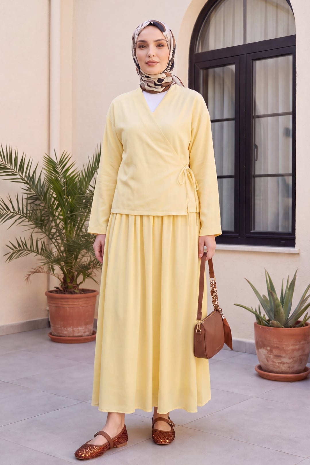 Side-Tie Skirted Linen-Look Two-Piece Set - Light Yellow - Podyumplus - by Peralane - photo 4