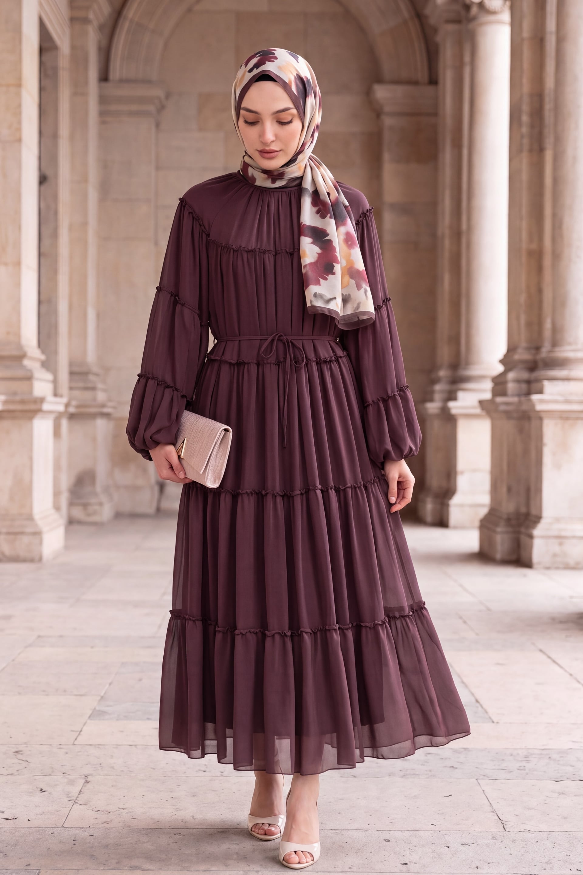 Ruffled Tiered Maxi Dress with Drawstring Waist and Bishop Sleeves - Dusty Rose - Podyumplus - by Peralane - photo 4