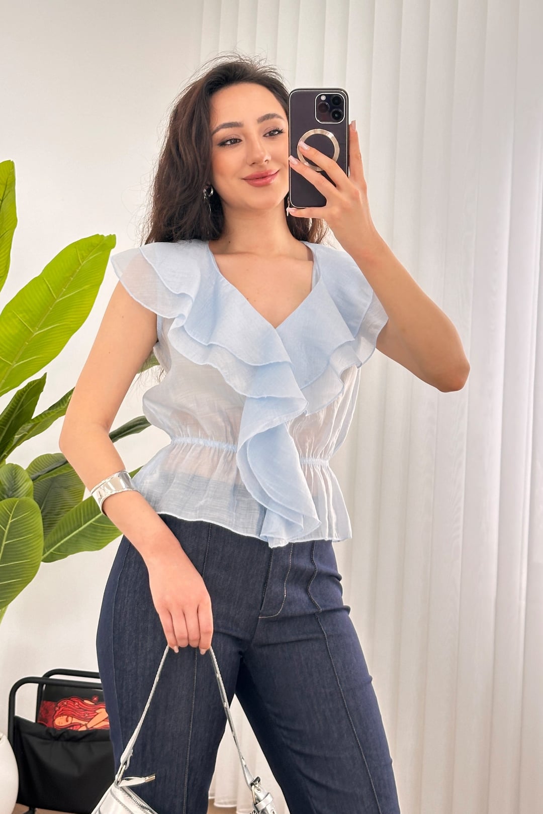 Ruffled Elastic Waist Tie Neck Blouse in Baby Blue - Lustri̇n - by Peralane