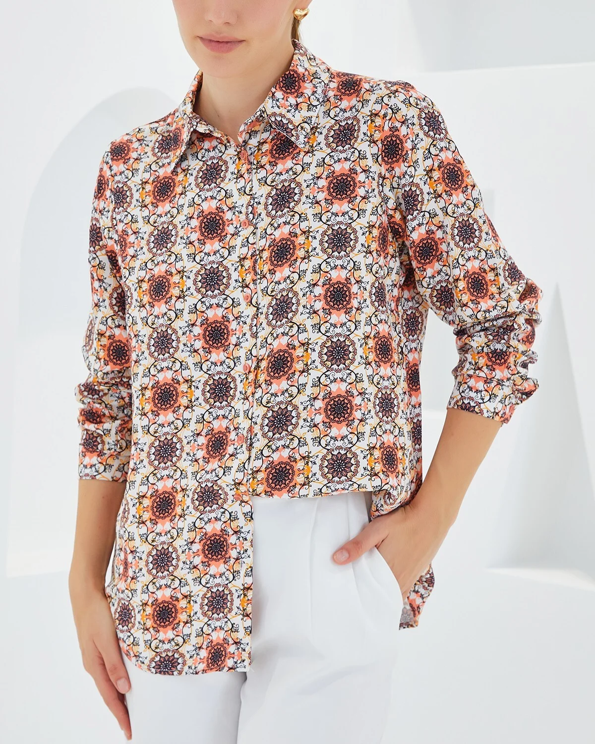 Graphic Print Long-Sleeve Blouse - Orange - Wholeskop - by Peralane - photo 4